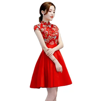 Roșu Elegant Rochie Plisată Scurtă de sex Feminin Temperament Rafinat Broderii Florale Noutate Cheongsam Chineză Banchet Rochie S-4XL