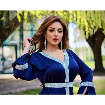 Satin Rochie Maxi Pentru Femei Turcia Arabă Diamond V Gatului Maneca Lunga Jalabiya Musulmane Islamice Etnice Abaya 2021 Primăvara Anului Nou