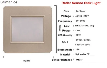 Senzor Radar CONDUS Scara de Lumină 100V-240V 1.5 W Pătrat Încastrat Pas Lămpi Cu Senzor de Lumină Footlight Colț Lampă de Perete cu 86 cutie
