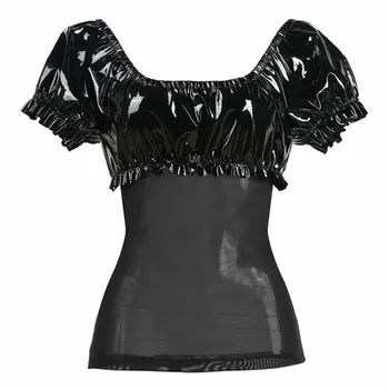 Sexy Gotic Rochie de Petrecere PVC Negru din Piele Plasă de Mozaic Zburli Fusta Mini DS Clubwear Femei Set Dantela fusta de Balet de Fuste Corset