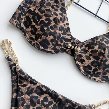 Sexy Micro Bikini Femei Leopard Print Tiger Print Curea Lanț De Push Up Costume De Baie Low Rise Thong Costum De Baie Tan-Un Costum De Baie Pe Plajă La Piscină