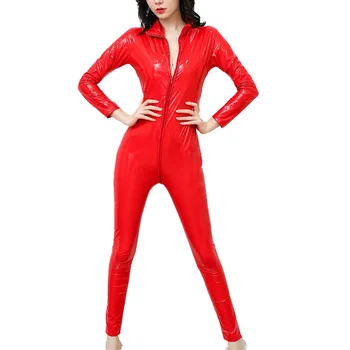 Sexy Negru Roșu Femei Faux din Piele Catsuit din PVC Latex Bodysuit Fermoar Dublu Fata de Deschis Picioare Întinde bodystocking Erotic