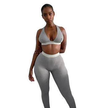 Sexy Sport Fitness Tricot Cu Nervuri Trening Femei Culturilor Rezervor De Top + Pantaloni Lungi A Întinde Tinute Streetwear