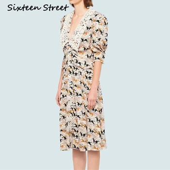 Short Sleeve V-neck Dress Femeie Plimbare Tipărite În 2020 Nou Vara Mijlocul Rochie de sex Feminin Pista de Proiectare Dulce Vestidos Street Wear
