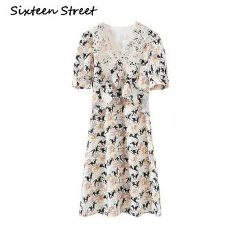 Short Sleeve V-neck Dress Femeie Plimbare Tipărite În 2020 Nou Vara Mijlocul Rochie de sex Feminin Pista de Proiectare Dulce Vestidos Street Wear