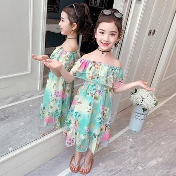 Shoulderless Floare Fluture Imprimat Rochie De Fete Pentru Fete Rochii De Vară 2020 Noua Moda Printesa Rochie Copii Pentru Copii Rochii
