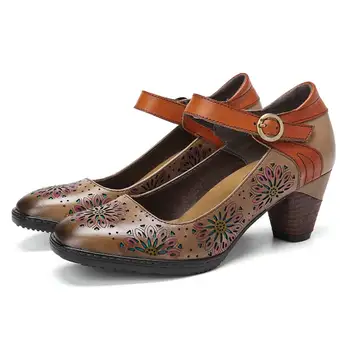 SOCOFY Retro din Piele Floral Pompe Gol Cataramă Curea Glezna Indesata Toc Pompe Rochie Pantofi Femei Pantofi Botas Mujer 2020