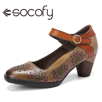 SOCOFY Retro din Piele Floral Pompe Gol Cataramă Curea Glezna Indesata Toc Pompe Rochie Pantofi Femei Pantofi Botas Mujer 2020