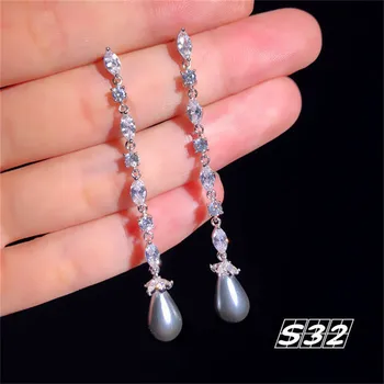 Solid S925 Argint Vintage Picătură Cercei Pentru Femeile Lung Cubic Zirconia Culoare Gri Perle De Apă Dulce Bijuterii Fine De Înaltă Calitate