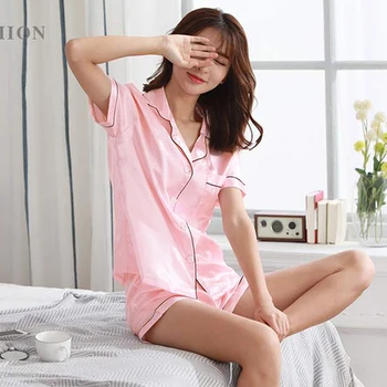 Solid Scurt Pijamale Femei V-Gât Aproape Potrivi Plus Dimensiune Lenjerie Femme Pijamale De Mătase Butonul Set Maneca Scurta, Pijamale Tricou+Pantaloni