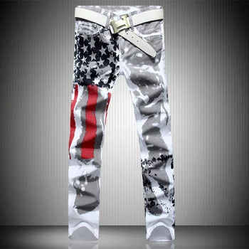 Steagul American Tipărite Blugi De Înaltă Stretch Slim Fit Casual Stea Cu Cinci Colțuri Dungă Roșie Plus Dimensiune Pantaloni Fashion Pantaloni