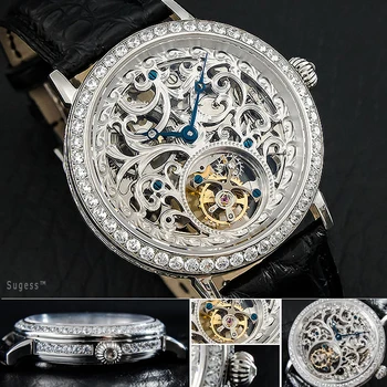 Sugess cristal skeleton tourbillon bărbați ceas mecanic din piele de moda cupluri ceas rezistent la apa 5ATM bărbați ceasuri de mana