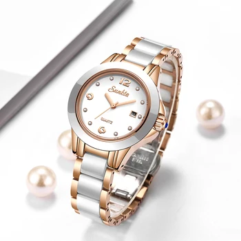 SUNKTA brand original Doamnelor Alb ceramică Brățară cuarț Ceas moda ceas casual femei a crescut de ceas de aur montre femme Cadou