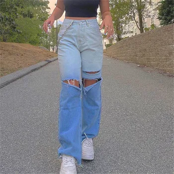 Talie mare Gradient de Moda pentru Femei Vrac Distrus Gaura Denim Colector Pantaloni Casual Vintage Blugi Largi Picior Pantaloni