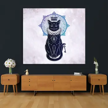 Tapiserie Cat Portret cu Cheie Secretă Luna Mandala la Spate Magice Etnice opera de Arta Violet Bleumarin Gri