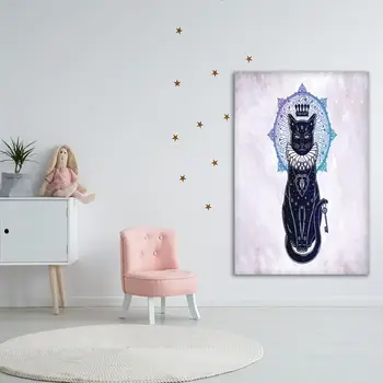 Tapiserie Cat Portret cu Cheie Secretă Luna Mandala la Spate Magice Etnice opera de Arta Violet Bleumarin Gri