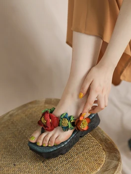 Tayunxing Lucrate Manual Din Piele Flori Plat Flops Pentru Femei De Vară Papuci Flip Confort Casual Doamna Sunshine Beach Pantofi 1808-93