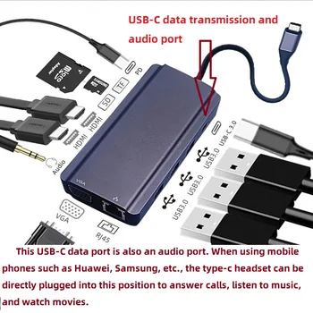 Tebe USB de Tip C Hub pentru Dual 4K HDMI, USB3.0 USB2.0 PD Încărcare VGA, RJ45 Jack Audio de 3.5 mm cu TF/SD Card Slot HUB USB Adaptor