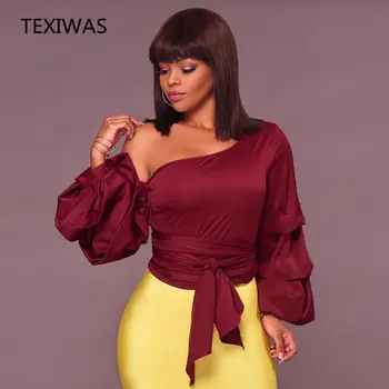TEXIWAS Strada Epocă Un Umăr tricou Bluza femei cu Maneci Bufante cămașă roșie Sexy Arc Bluza Dantela-up centura Bluza