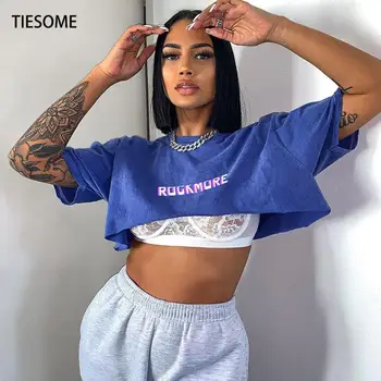 TIESOME 2020 Maneca Scurta Scrisoare de Imprimare Albastru, O-Neck Sexy Tricou Pentru Femei Club High Street Îmbrăcăminte de sex Feminin Topuri Topuri Largi Tee