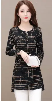Toamna Iarna Bază Tricouri Bluze de Moda pentru Femei Slim Elegant Office Lady O de Gât Tipărite Epocă Top Tunica Lungă 3XL 4XL A023