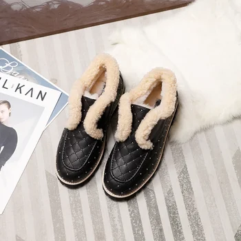 Toamna Iarna Noi Plus Catifea Caldă Bumbac Pantofi Casual Confortabil Alunecare Rotund Deget de la picior Plat Reale de Lână Cizme de Zapada Pantofi de Designer