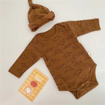 Toamna Noua De Dinozaur Baby Print Cu Maneci Lungi Din Bumbac Body Costum De Desene Animate Salopeta + Palarie Fetita Haine Băiat Copil Set