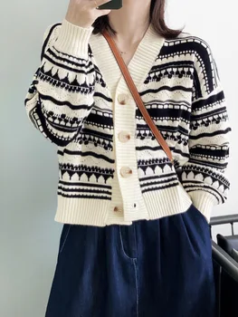 Toamna V-gât Tricotate Cardigan Cu Nasturi pentru Femei Vintage Elegant Model Geometric Pulover Haina Elegant Feminin Tricotaje