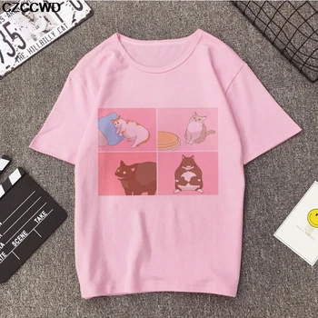 Tricou femei de Vara Noi, O-Neck Loose Maneci Scurte Pisica Drăguț Print T Camasa Pentru Fete Elevii Harajuku coreeană Stil BF Topuri Tee