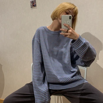 Tricouri Femei cu Maneci Lungi cu Dungi Supradimensionat Liber Harajuku Epocă Cuplu coreea Style All-meci de petrecere a timpului Liber pentru Femei la Modă Soft Nou