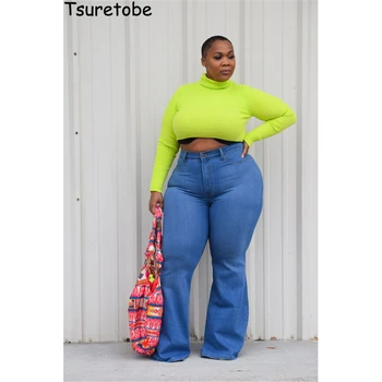 Tsuretobe Plus Dimensiune Blugi Pentru Femei Mama Blugi Talie Mare Flare Jeans Vintage Bell Jos Blugi XL-5XL Haine de Vară Pentru Femei