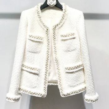 Tweed pentru femei jacheta Hand-made margele primăvară toamnă mici parfum haină de lână Lână sacou clasic Doamnelor