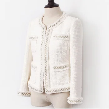 Tweed pentru femei jacheta Hand-made margele primăvară toamnă mici parfum haină de lână Lână sacou clasic Doamnelor