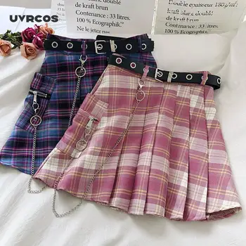 UVRCOS Femei 2020 Înaltă Talie Mini, Fuste Creion JK Uniformă Lanț Buzunar O linie de Streetwear