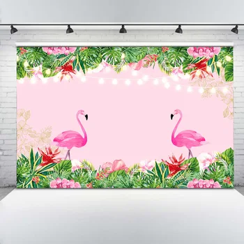 Vara Flamingo Roz Petrecere Hawaiian Fundal Fotografie Flori Tropicale Cu Frunze Verzi De Ziua Sparge Tort De Fundal Copil De Dus