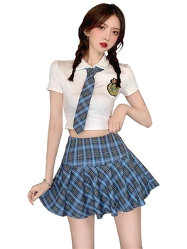 Vara JK uniformă Maneca Scurta tricou cu Cravata + Cutat Plaided Fusta mini Set Școală Japoneză Dulce 2 buc Costum de Haine