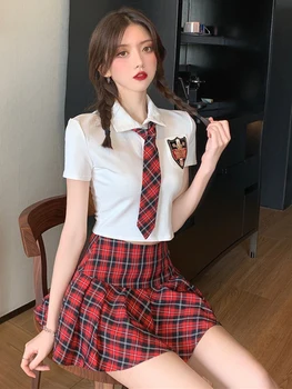 Vara JK uniformă Maneca Scurta tricou cu Cravata + Cutat Plaided Fusta mini Set Școală Japoneză Dulce 2 buc Costum de Haine