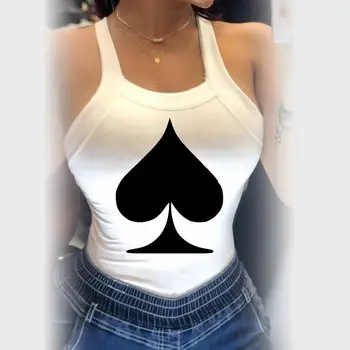 Vara Poker Pică Q Print Slim Tricou Sexy O Gâtului fără Mâneci Topuri Femeile Tricou Elegant Bowknot Spate Curele Vesta Tricou XXL
