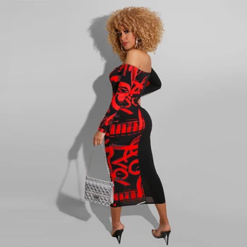 Vara Sexy Femei de Pe Umăr rochie Bodycon Rochii 2020 notă Muzicală Rochie de Imprimare Doamnelor Elegante cu Maneca Lunga Midi Rochie de Petrecere