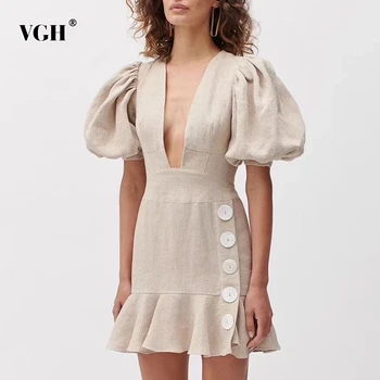 VGH Alb Elegant Rochie Pentru Femei V-Gât Puff Maneca Scurta, Talie Mare Slim Vintage Rochii Mini de sex Feminin 2020 Îmbrăcăminte de Modă