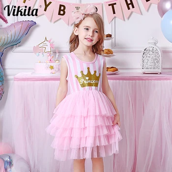 VIKITA de Vară pentru Copii Fete Dress Copii Princess Dress fără Mâneci Haine de Petrecere Ochiurilor Rochie Tutu pentru Fete 3-8Yrs Imbracaminte Casual