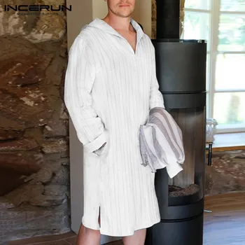 Vintage Maneca Lunga V Neck Homewear de Agrement Buzunare Bumbac Somn Robe INCERUN Bărbați cu Dungi Halate de baie Barbati camasa de noapte S-5XL