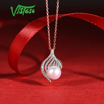 VISTOSO Pandantiv din Aur Pentru Femei Pur 14K 585 Aur roz Diamant Spumant Elegant Apă dulce Pearl Pandantiv Pentru Doamna Bijuterii Fine