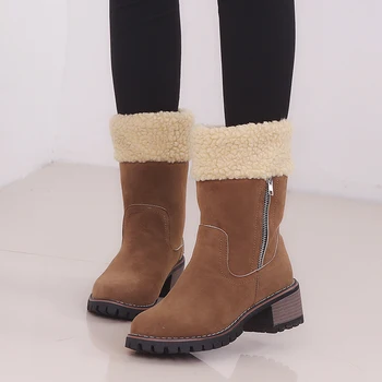 Vânzarea Femei Iarna Zapada Ghete Cald Zip Până La Jumătatea Vițel Cizme Cu Tocuri Mici Cu Blană Solid Pantofi De Piele De Căprioară Doamnă De Modă În Aer Liber Papuceii Mujer