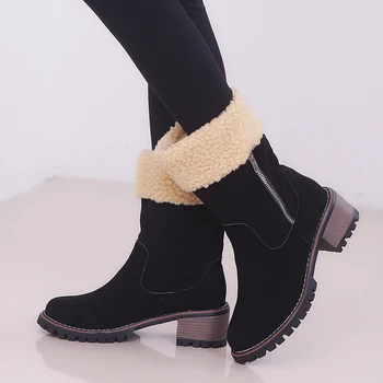Vânzarea Femei Iarna Zapada Ghete Cald Zip Până La Jumătatea Vițel Cizme Cu Tocuri Mici Cu Blană Solid Pantofi De Piele De Căprioară Doamnă De Modă În Aer Liber Papuceii Mujer