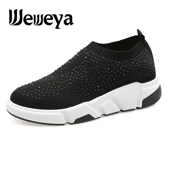 Weweya ochiurilor de Plasă Respirabil Pantofi de Alergare pentru Femei Șosete 2020 Pantofi Sport Strălucire Jogging Formatori Alunecare Pe Adidași Negri Cristal