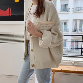 WICCON Noi 2021 Toamna Iarna Pulovere pentru Femei V-neck Butoane Cardigane Supradimensionate la Modă coreean Doamna Knitwears Cașmir Plin