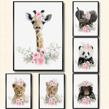 Woodland Animale Safari Giraffe Pepinieră De Perete De Arta Canvas Postere De Imprimare De Flori Roz Pictura Poze Fete Baby Room Decor