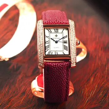 WWOOR Clasic de Design de Moda Pătrat Doamnelor Încheietura Ceas Aur roz cu Diamante Cuarț Femei Rosu din Piele Impermeabil Ceas