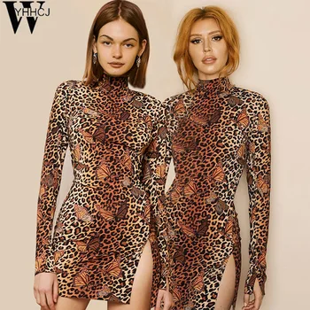 WYHHCJ Nou cu maneci lungi leopard fluture de imprimare fantă mini sexy rochie casual toamna iarna femei streetwear club tinutele de petrecere